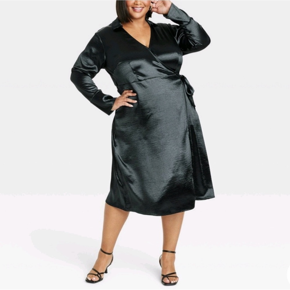 Plus size satin wrap midi dress